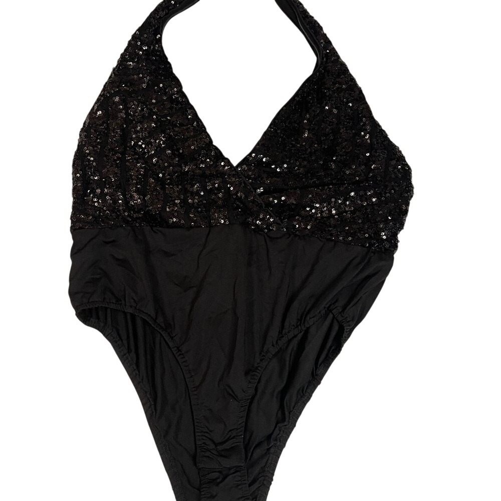 Love Republic Black Sequin Halter Bodysuit Deep V Neck Large